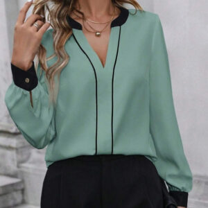 Color Matching Slit Collar Long Sleeve Elegant Workplace Suit