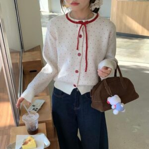 Women's Polka Dot Jacquard Lace-up Single-breasted Knitted Sweater