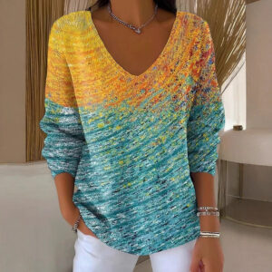 Drop Shoulder V-neck Long Sleeve Pullover 3D Digital Printing Women's Top T-shirt