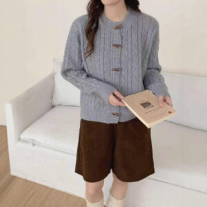 Thickened Lazy Western Style Horn Button Red Cable-knit Sweater