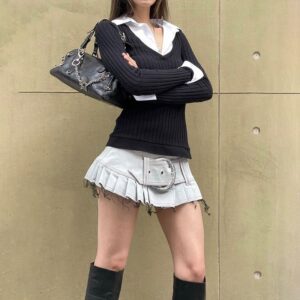 College Style Polo Collar Stitching Fake Two-piece Long Sleeve