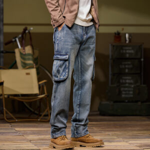 Retro Blue Outdoor Multi-pocket Workwear Jeans