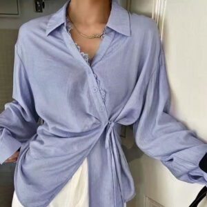 Blue Long Sleeved Shirt Lace-up Tup Cardigan Women