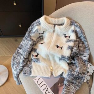 Puppy Embroidered Sweater Cardigan For Women