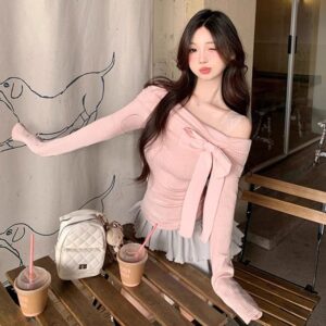 Off-shoulder Bowknot Off-shoulder Upper Clothes Long Sleeves T-shirt