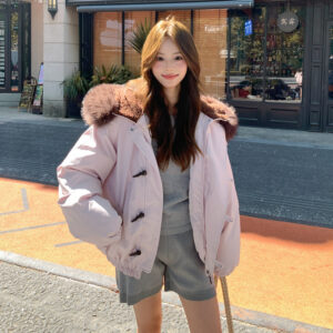 Big Fur Collar Hooded Horn Button Cotton-padded Jacket Women's Casual Loose