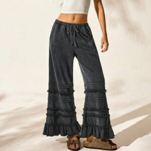 Summer Casual Vacation Style Black Worn Looking Washed-out Loose Flared Pants