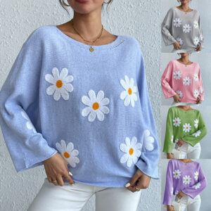 Sweet Flowers Loose Knitted Sweater For Women