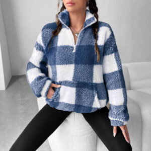 Women's Short Plaid Half-open Collar Plush Sweater