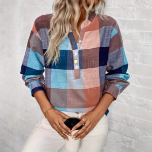 Spring And Autumn Leisure Notched V-neck Plaid Long Sleeve Shirt