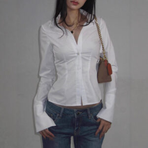 Women's Fashion Simple Slim Fit Lapel Breasted Solid Color Shirt