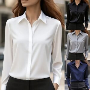 Solid Color Long Sleeve Lapel Satin Blouse