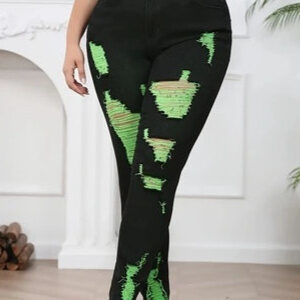 Denim Trousers High Waist Ripped Contrast Color