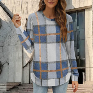 Women's Casual Loose Plaid Long Sleeve Round Neck Irregular Bottoming Shirt Top