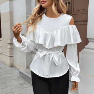 Women's Long-sleeved Ruffled Off-the-shoulder Lace-up Crew Neck Shirt