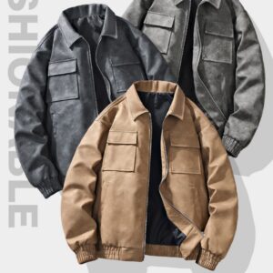 3D Stereo American Retro Hip Hop PU Leather Polo Collar Jacket