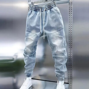 Men's New Light Blue Jeans Elastic Ankle Banded Pants