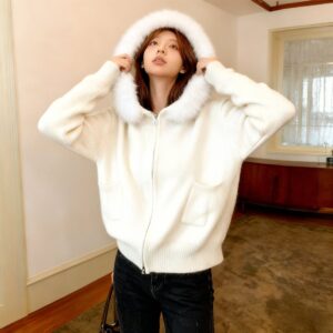 Fur Collar Hooded Knitted Coat For Women