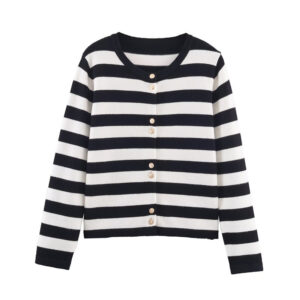 Black And White Striped Knitted Cardigan For Women