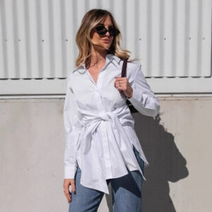 Elegant White Lace-up Waist Trimming Fashion Lapel Cotton Women's Shirt