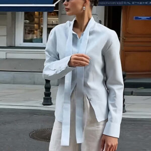 Elegant Tie Summer And Autumn Solid Color Top Korean Style Casual Long Sleeve Shirt