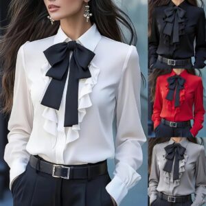 Pure Color Tied Bow Ruffled Design Shirt For Women