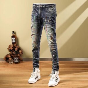 Personalized Fashion Jeans Men's Casual Slim Fit Skinny Retro Splash-ink Paint Trousers